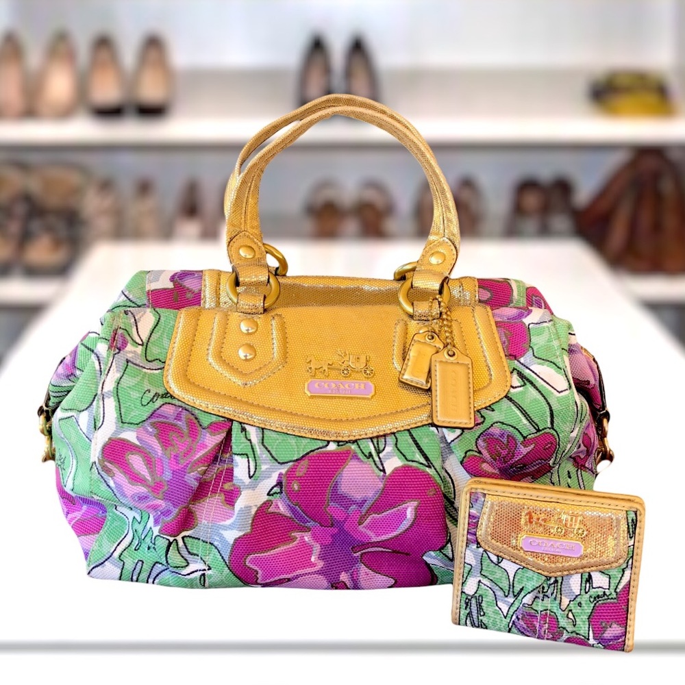 Coach Ashley Iris 2 Pc. Floral Gold Accents Greens Purples